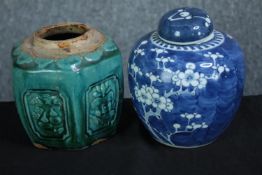 Two Chinese ginger jars. One missing its lid and with a maker's mark on the base. Twentieth century.