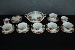 A collection of Royal Albert, 'Old Country Roses' pattern five soup bowls, plates, a lidded tureen