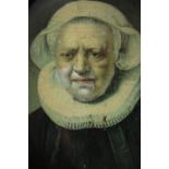 Rembrandt oval miniature portrait. Print with a varnish which is chipping. Nineteenth century.