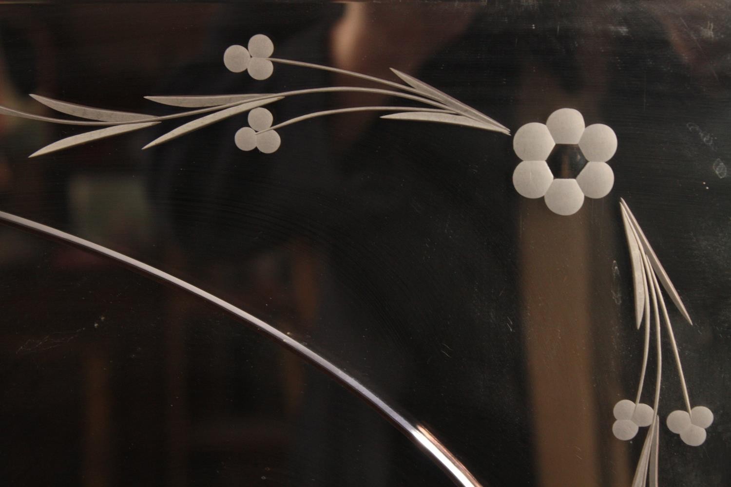 Wall mirror, mid century etched peach glass. H.50 W.77cm. - Image 3 of 5