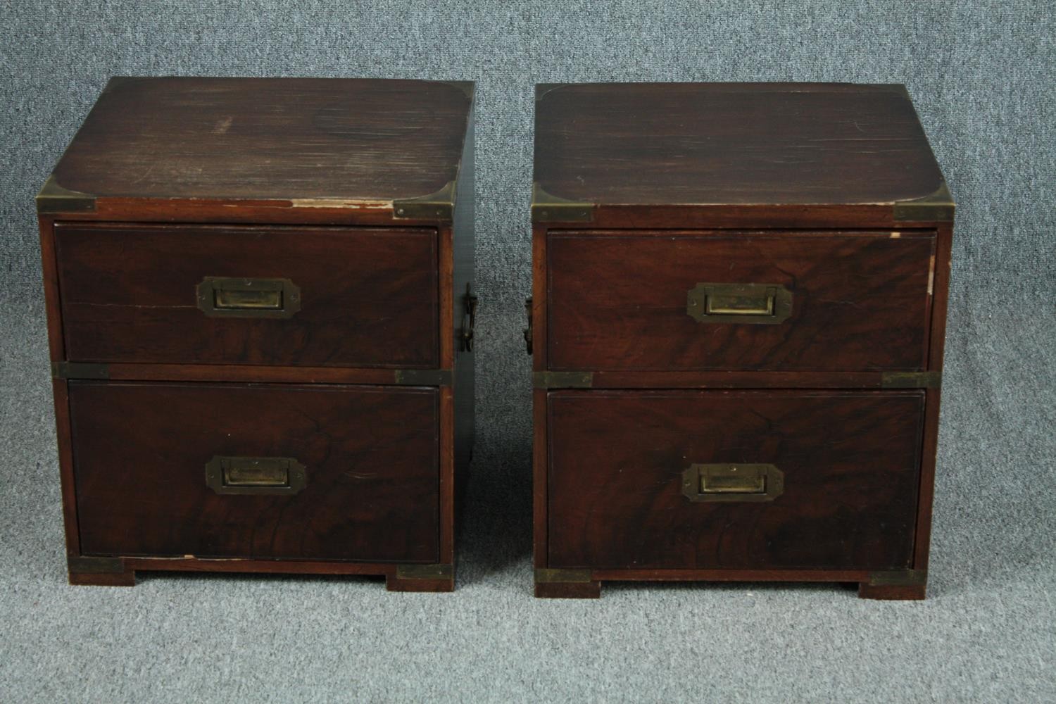 Bedside chests, a pair, Georgian mahogany military style. H.47 W.44 D.40cm. (each)