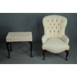 A 19th century style upholstered salon chair and a matching stool. H.81cm. (chair)
