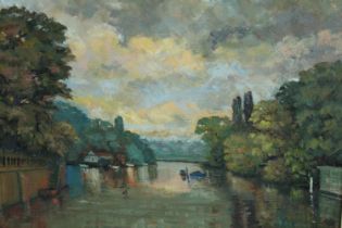 R. A. Lindsey. Oil painting on board. Landscape tiled 'High Tide at Twickenham'. Framed. Twentieth