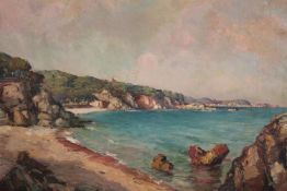Oil on canvas. Signed indistinctly lower right. Seascape with bay. Probably early twentieth century.