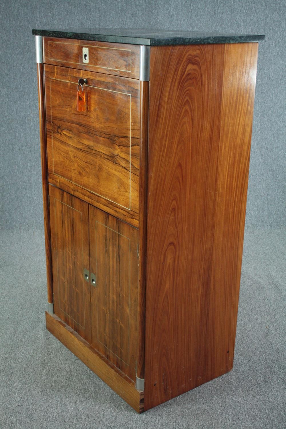 Drinks cabinet, mid century with marble top and metal mounts with string inlay. H.132 W.76 D.48cm. - Image 3 of 6