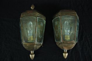 The Limehouse Lamp Co. A pair of restored sconce lamps with original etched glass panels. H.41cm. (