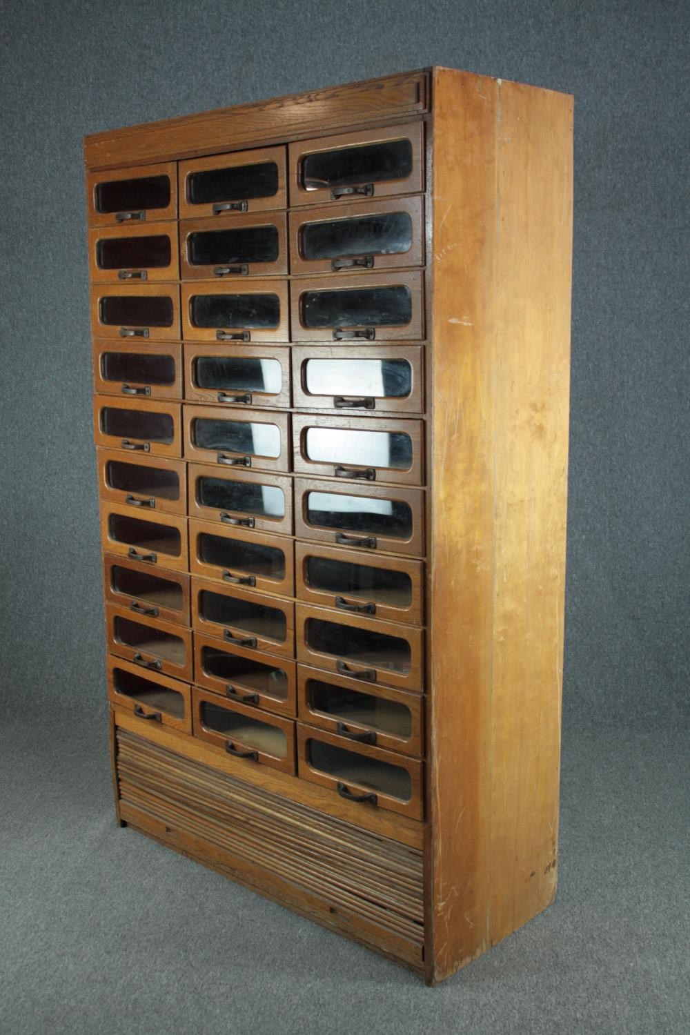 A mid century vintage draper's shop cabinet, full height with a bank of thirty glazed drawers. H.193 - Image 3 of 8