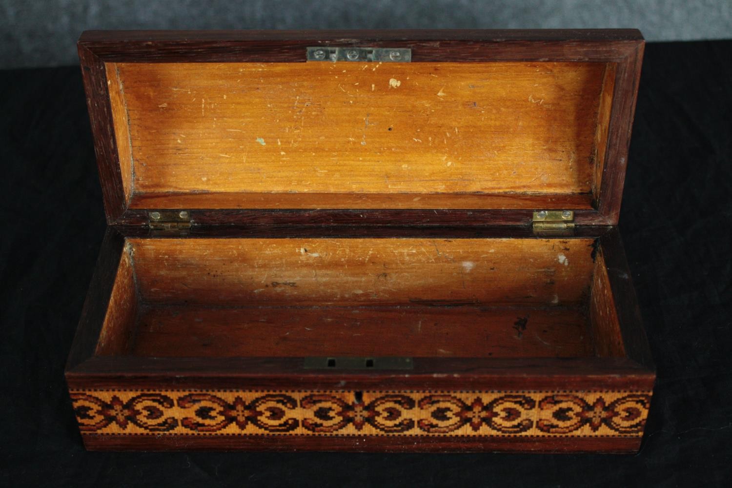 A 19th Century rosewood Tunbridge Ware glove box with original interior, with paper label, Edmund - Image 2 of 5