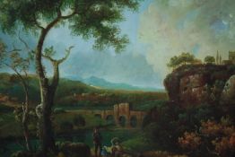 A contemporary oil on canvas in a gilt frame. 18th century style Italianate landscape with with