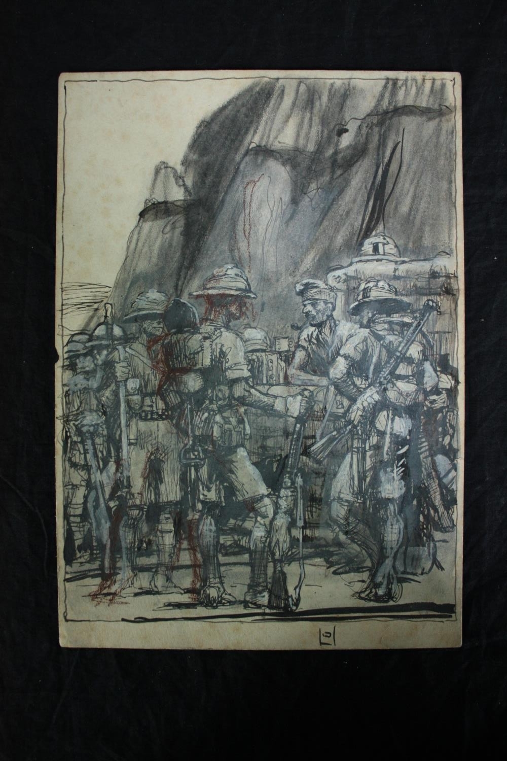 Archibald Elliot Haswell-Miller (British. 1887 - 1979). Ink and pastel on paper. British soldiers in - Image 2 of 3