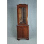 Corner cabinet, full height Georgian style flame mahogany. H.185 W.65cm. (Glazed door locked and