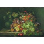 Oil painting on canvas. A still life well populated with grapes and vines. Unsigned. H.77 W.102 cm.