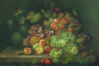 Oil painting on canvas. A still life well populated with grapes and vines. Unsigned. H.77 W.102 cm.