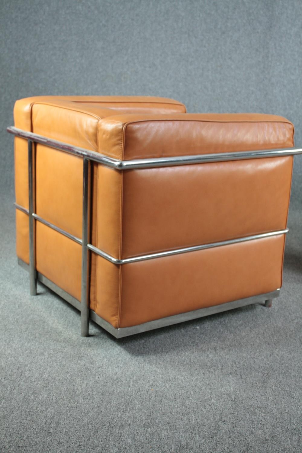 After Le Corbusier, a pair of LC2 armchairs upholstered in light tan leather. H.56 W.76 D.70cm. ( - Image 7 of 9