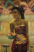 Oil on canvas. Girl with a dish. Signed lower right indistinctly. Framed. H.75 W.59 cm.