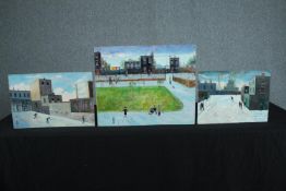 Henry Harvey. Three oil paintings on board. In the style of Lowry. Signed. One titled 'Squash' on