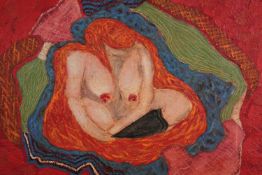 In the style on Egon Schiele. Oil painting on canvas. Female nude in a heavily decorated gilt frame.
