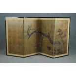 An early 20th century hand painted Japanese four panel folding screen decorated with a cherry