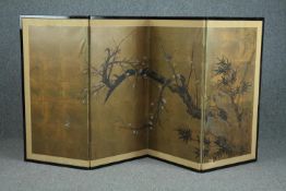 An early 20th century hand painted Japanese four panel folding screen decorated with a cherry