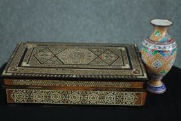 A 19th century bone and marquetry damascene micro mosaic Islamic jewellery box along with a