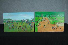 Henry Harvey. A pair of oil paintings on board. In the style of Lowry. Horse racing. Titled on the