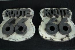 Two distressed style decorative metal signs. Route 66. H.37 W.39 cm. (each)