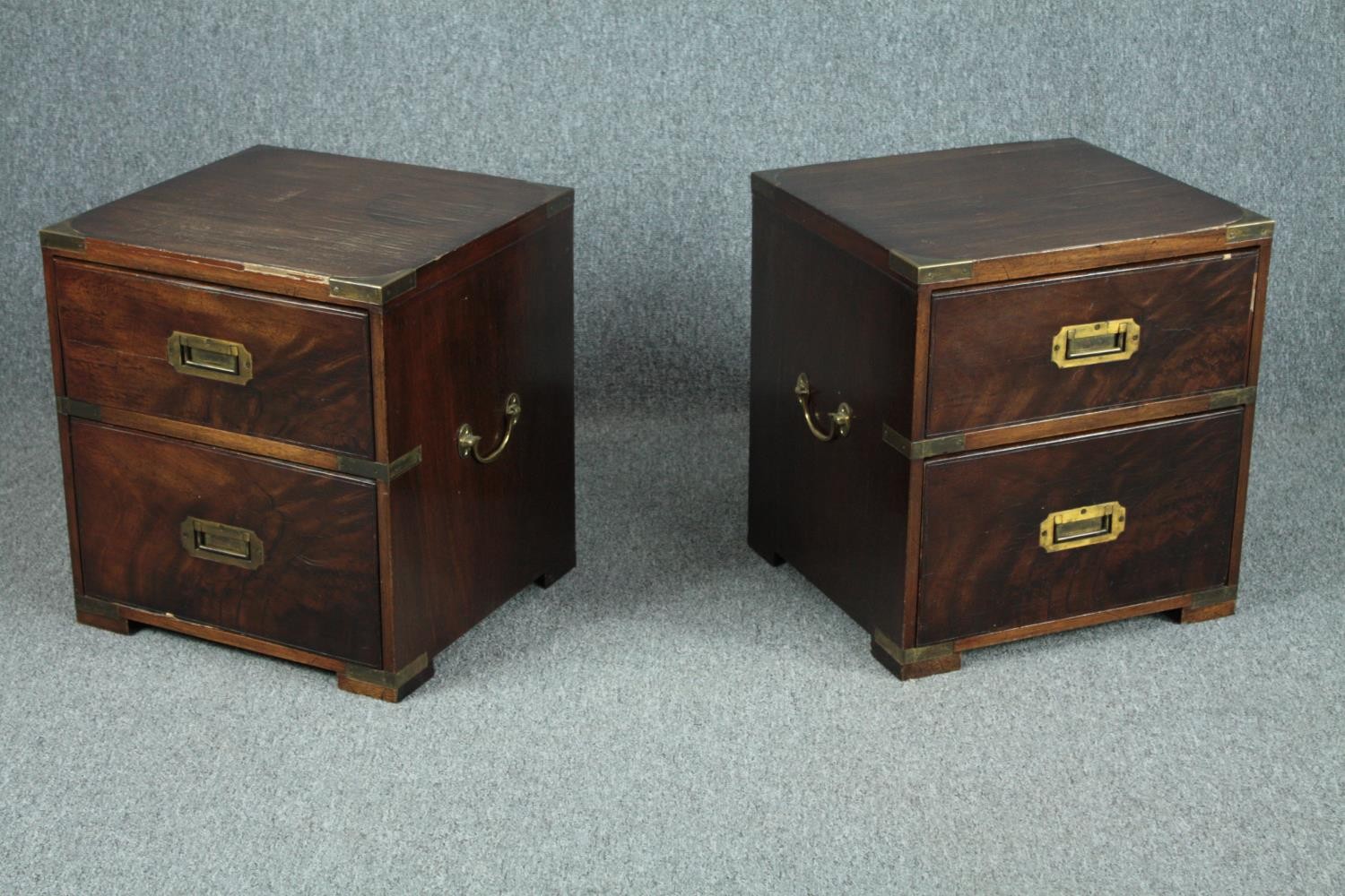 Bedside chests, a pair, Georgian mahogany military style. H.47 W.44 D.40cm. (each) - Image 2 of 6