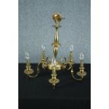 A modern brass chandelier with five branches of lights. H.47 Dia.50cm.