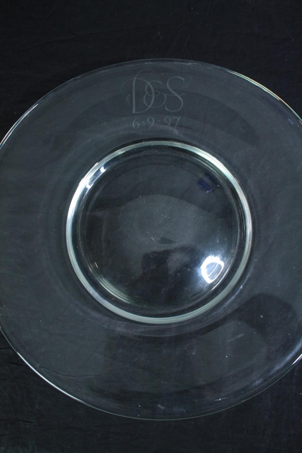 Two studio glass vases and two plates. One bearing the legend 'D&S 6.9.97'. Dia.39cm. (largest) - Image 3 of 8