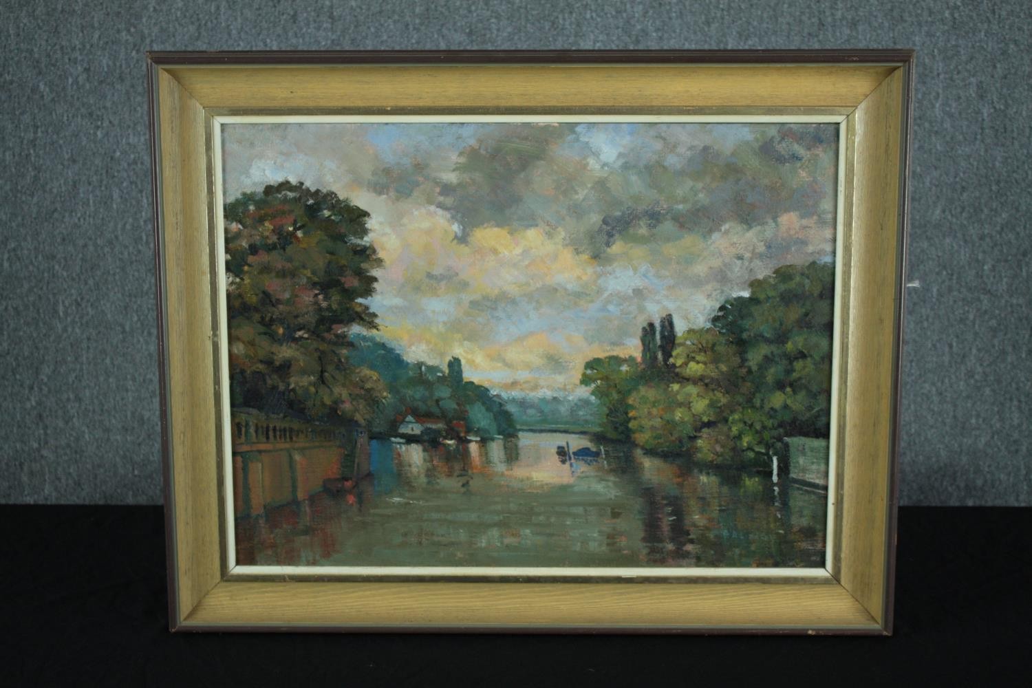 R. A. Lindsey. Oil painting on board. Landscape tiled 'High Tide at Twickenham'. Framed. Twentieth - Image 2 of 4