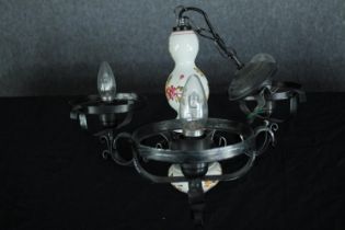 A Continental style steel and ceramic three branch chandelier. H.34 W.46cm.