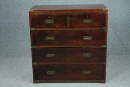 Chest of drawers, 19th century mahogany military style in two sections. H.96 W.93 D.42cm.