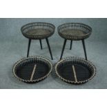 A pair of woven and wicker tray tables and a similar pair of trays. H.54 Dia.57cm. (largest)