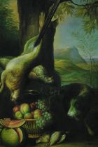 Oil painting on canvas. A hunting dog with game and fruits. Unsigned. Twentieth century. H.85 W.