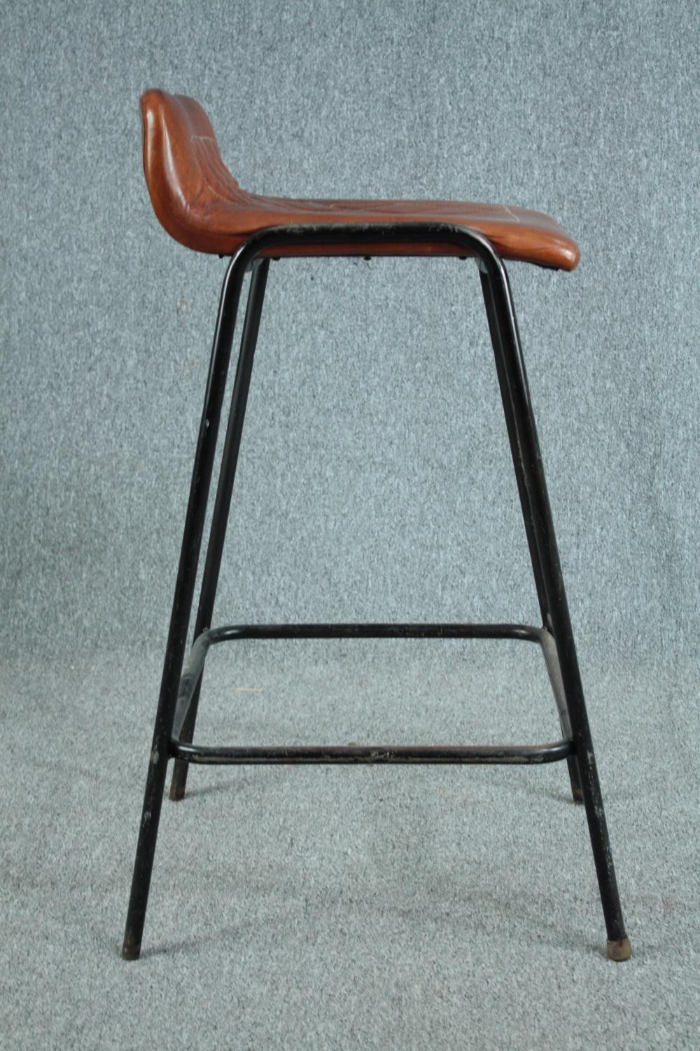 A set of four leather and metal framed high stools. H.88cm. (each) - Image 6 of 6