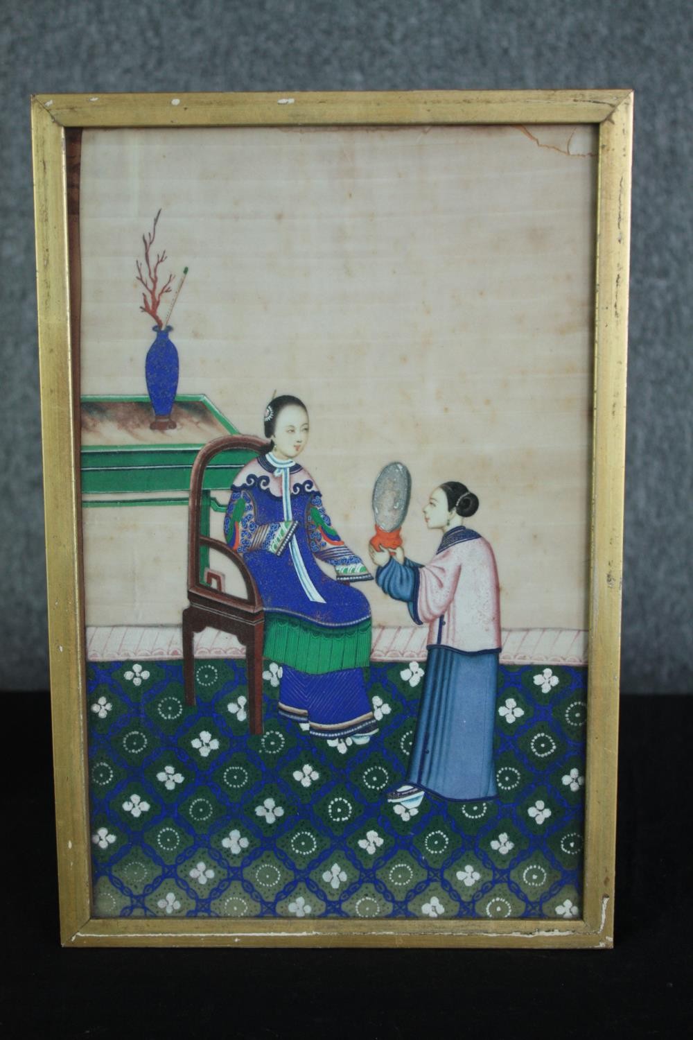 A Chinese painting on rice paper. The seated women with detailed patterned robes. Framed. Probably - Image 2 of 3