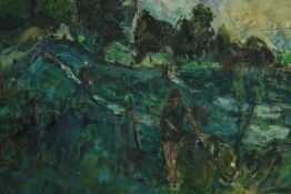 Vivienne Chaikin. Oil painting on board signed and dated 1967. Landscape with figure. A heavily