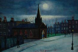 Henry Harvey. Oil painting on board. A moonlit townscape. Framed. Signed lower right. H.29 W.37 cm.