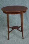 Occasional table, Edwardian mahogany with satinwood inlay. H.73 W.60 D.43cm.