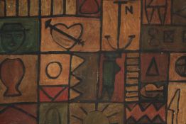 Oil painting on canvas. A group of boxed symbols. Text at the top right reads 'JTG 33'. H.65 W.80