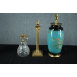 Two table lamps and a glass ceiling light. The table lamps in brass and ceramic and decorated with a