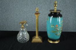 Two table lamps and a glass ceiling light. The table lamps in brass and ceramic and decorated with a