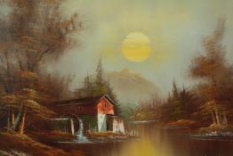 Oil painting on canvas. A lake house in sunset. Signed 'S. Kenton' lower right. In a gilt