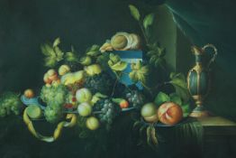 Oil painting on canvas. Still life. Fruit and a jug. Unsigned. H.77 W.102 cm.