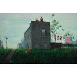 Henry Harvey. Oil painting on board. In the style of Lowry. Titled on the back 'The Kite'. Signed