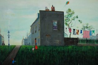 Henry Harvey. Oil painting on board. In the style of Lowry. Titled on the back 'The Kite'. Signed