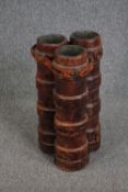 Three World War One moulded leather artillery shell cases. Each lined with lead. Bound by a