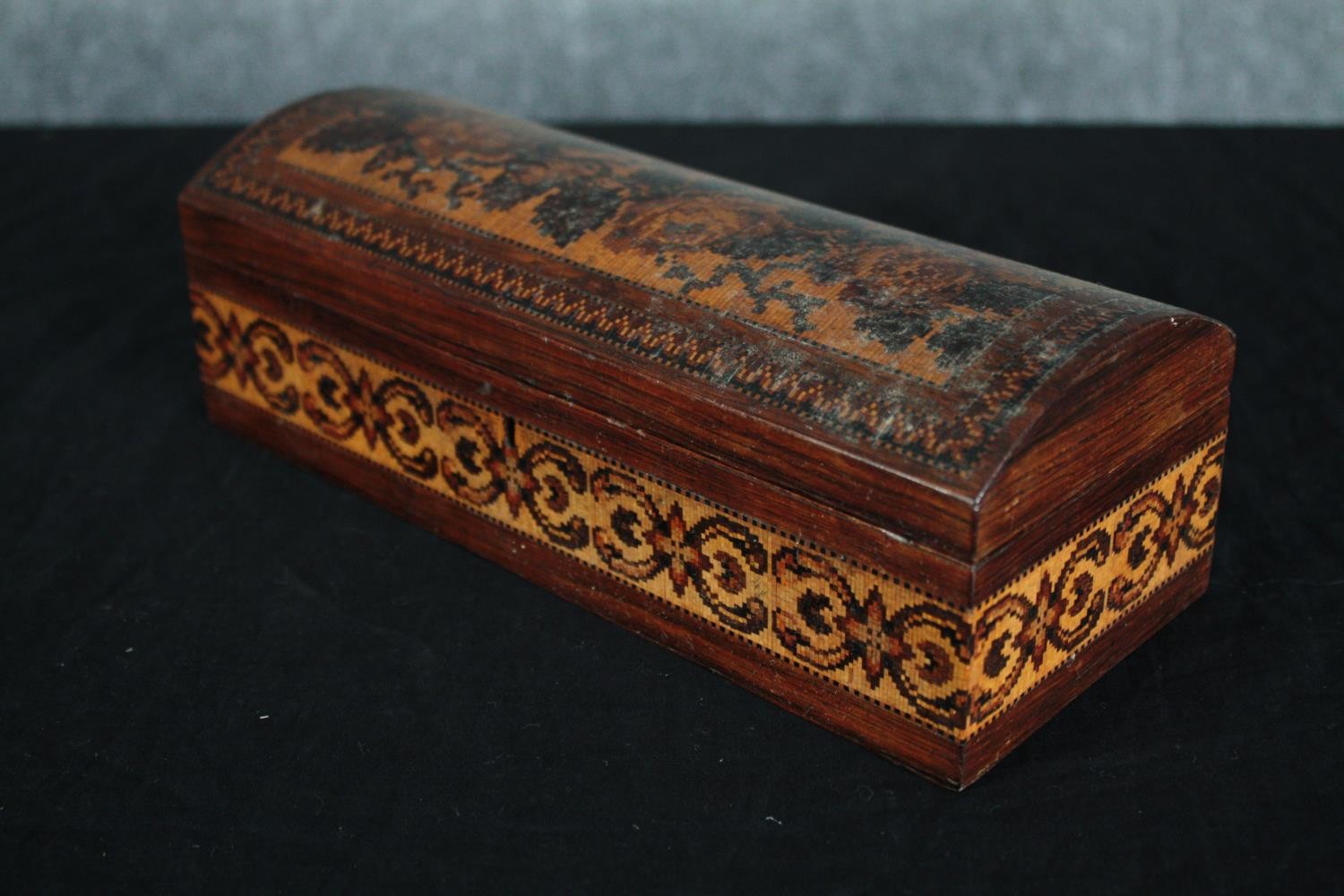 A 19th Century rosewood Tunbridge Ware glove box with original interior, with paper label, Edmund - Image 4 of 5