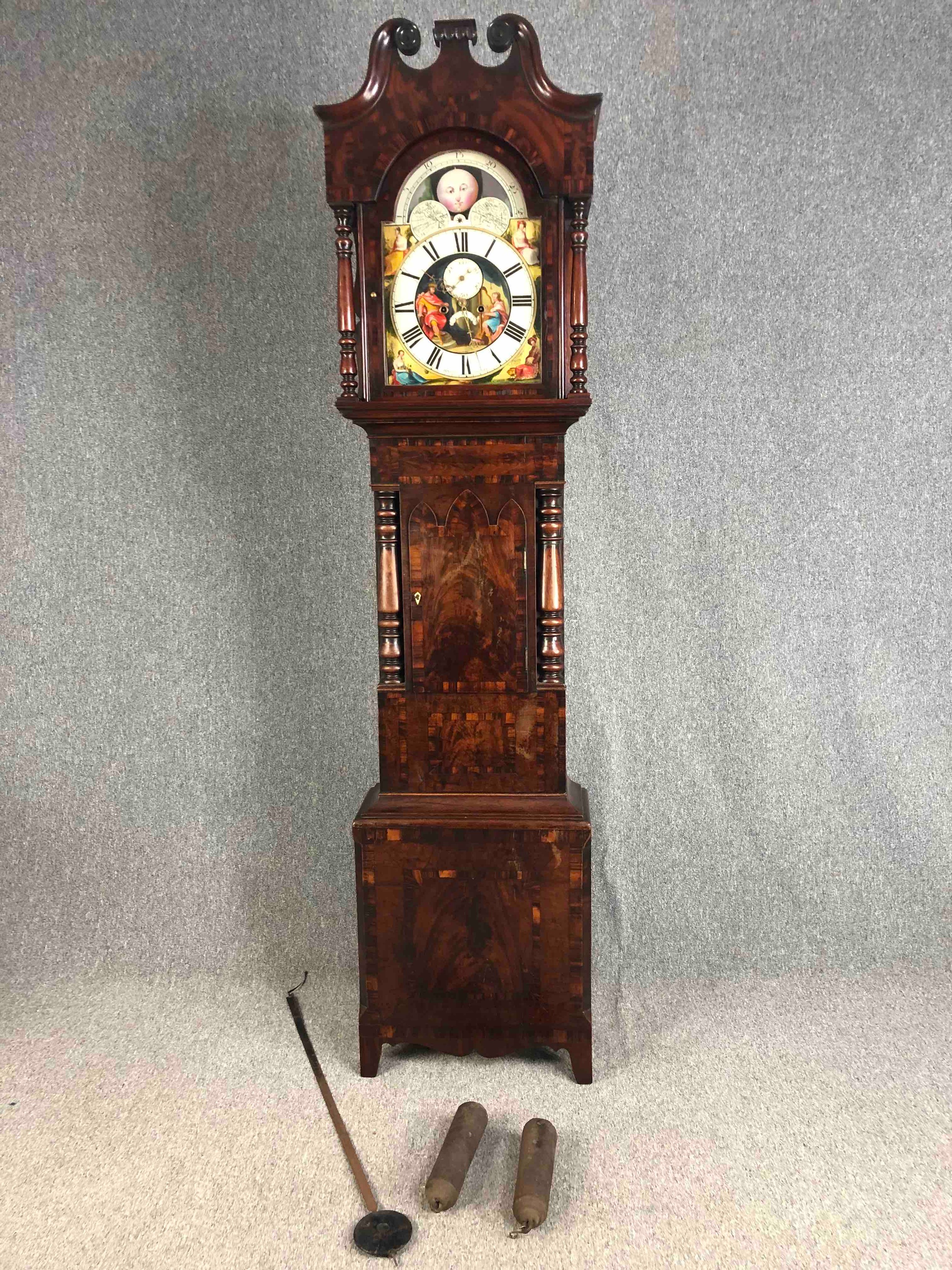 Longcase clock, 19th century with eight day movement in crossbanded mahogany case, maker;