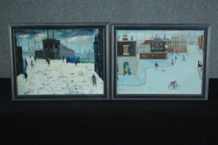 Henry Harvey. A pair of oil paintings on board. In matching frames. Titled on the back 'Industrial